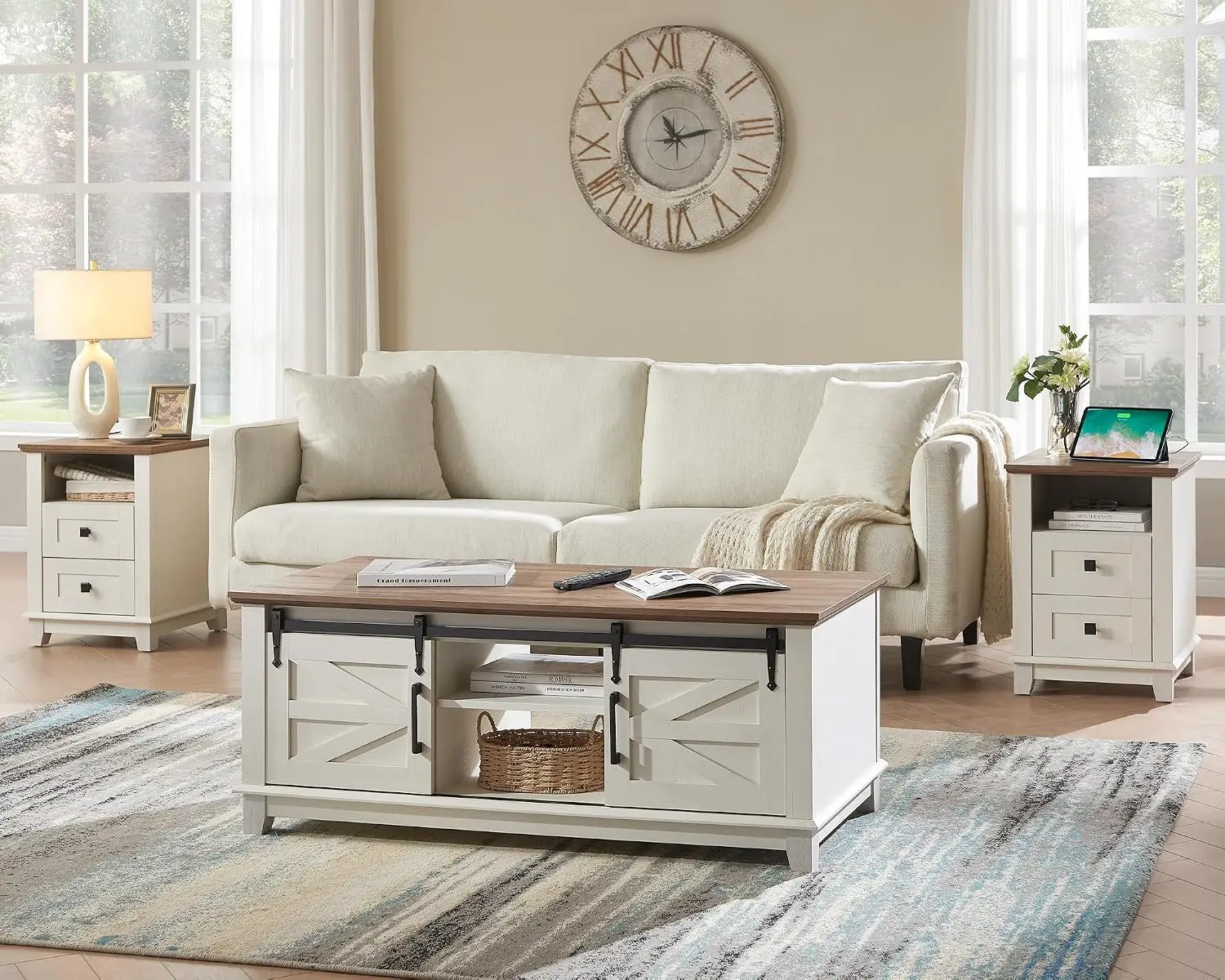 Farmhouse Coffee & End Table Set with Sliding Barn Doors Charging Station Storage Drawers Rustic White, Customized