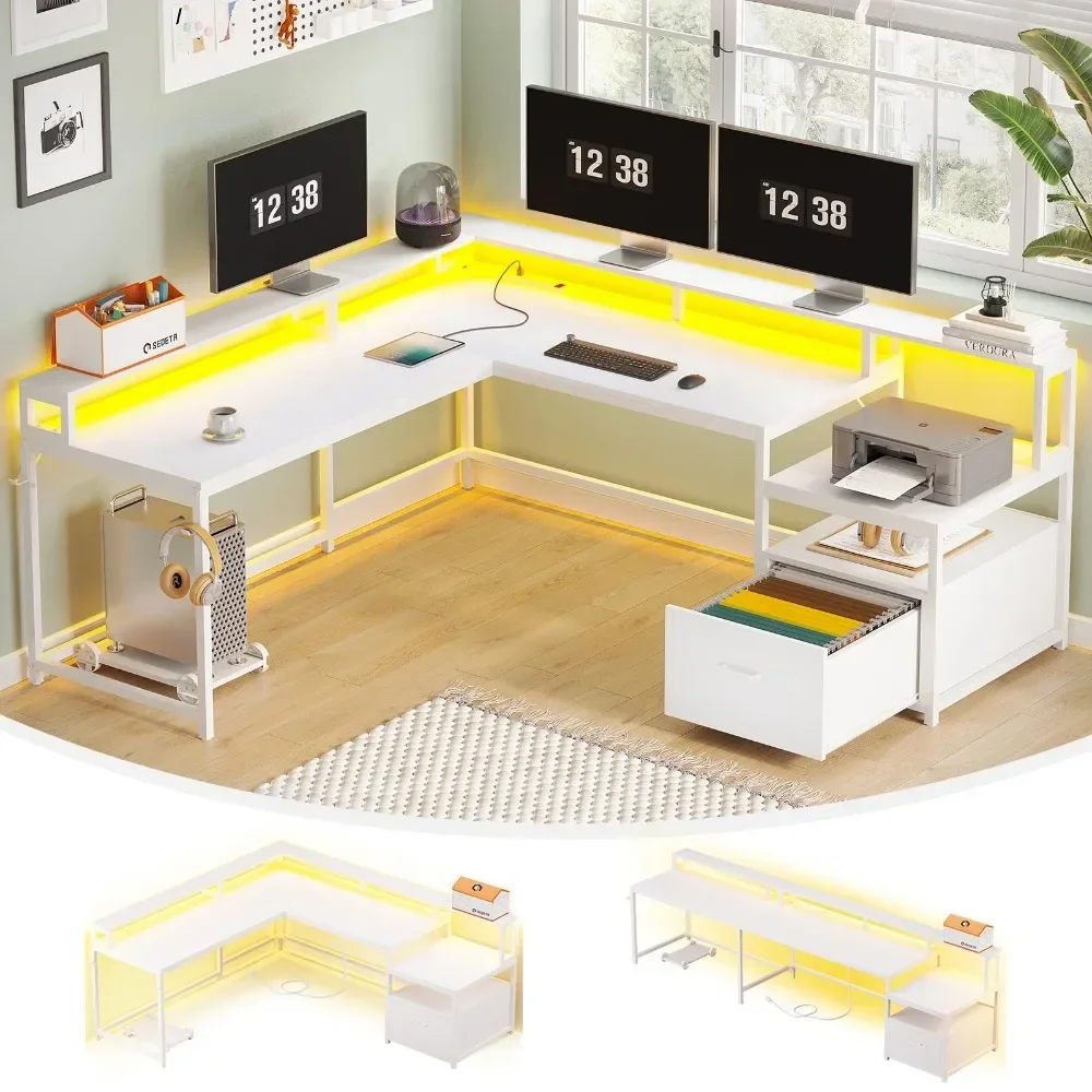 

L Shaped Gaming Desk, 66" Home Office Desk with File Drawer, Power Outlet and Led Lights, Computer Desk with Monitor Shelf