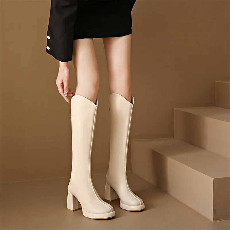 Women Knee High Boots 3cm Platform 8cm High Heels Square Mid Heels White Boots Lady Fetish Stripper Booties Leather Zipper Shoes