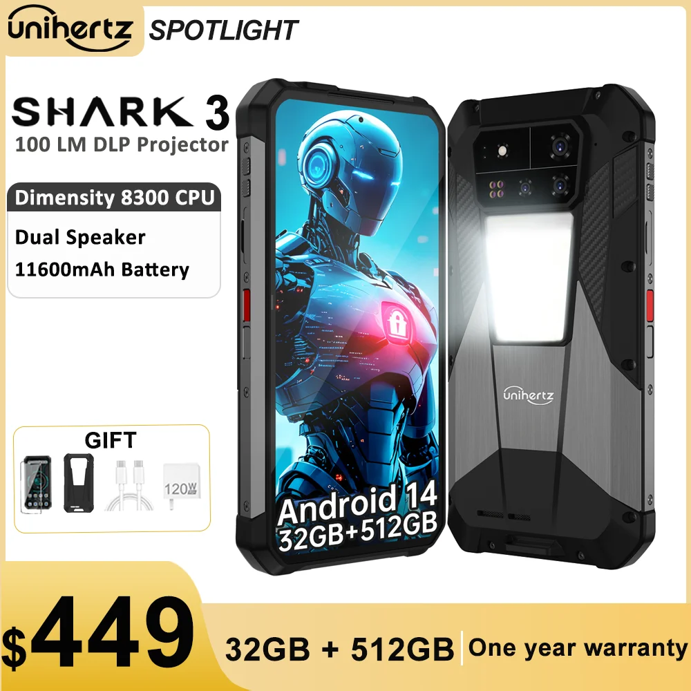 Unihertz Shark 3 by 8849 Rugged Smartphone android 14 3K AMOLED Display 32GB RAM 512GB ROM Dimensity 8300 CPU Mobile Phone