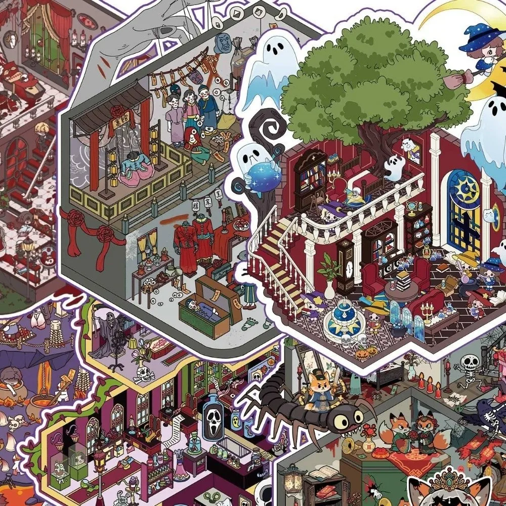 

New Horror Theme Landscape Sticker 8 Scenes 20 Sheets Haunted Castle Puzzle Stickers Book PET 3D Cabin House Collage Card Making