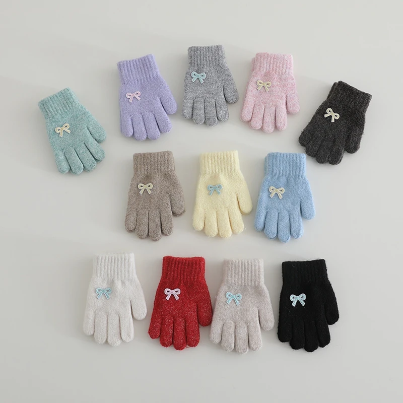 

Winter Cute Baby Gloves New Bow Knitted Five-fingered Gloves Kids Kindergarten Gloves 2-6Y