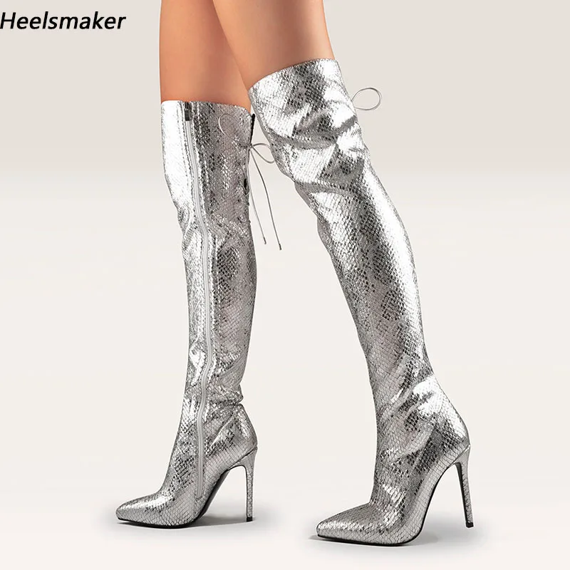 

Sukeia/Новое поступление, женские зимние сапоги выше колена, серебряные вечерние туфли на шпильке со змеиным носком, женские размеры США 5-15