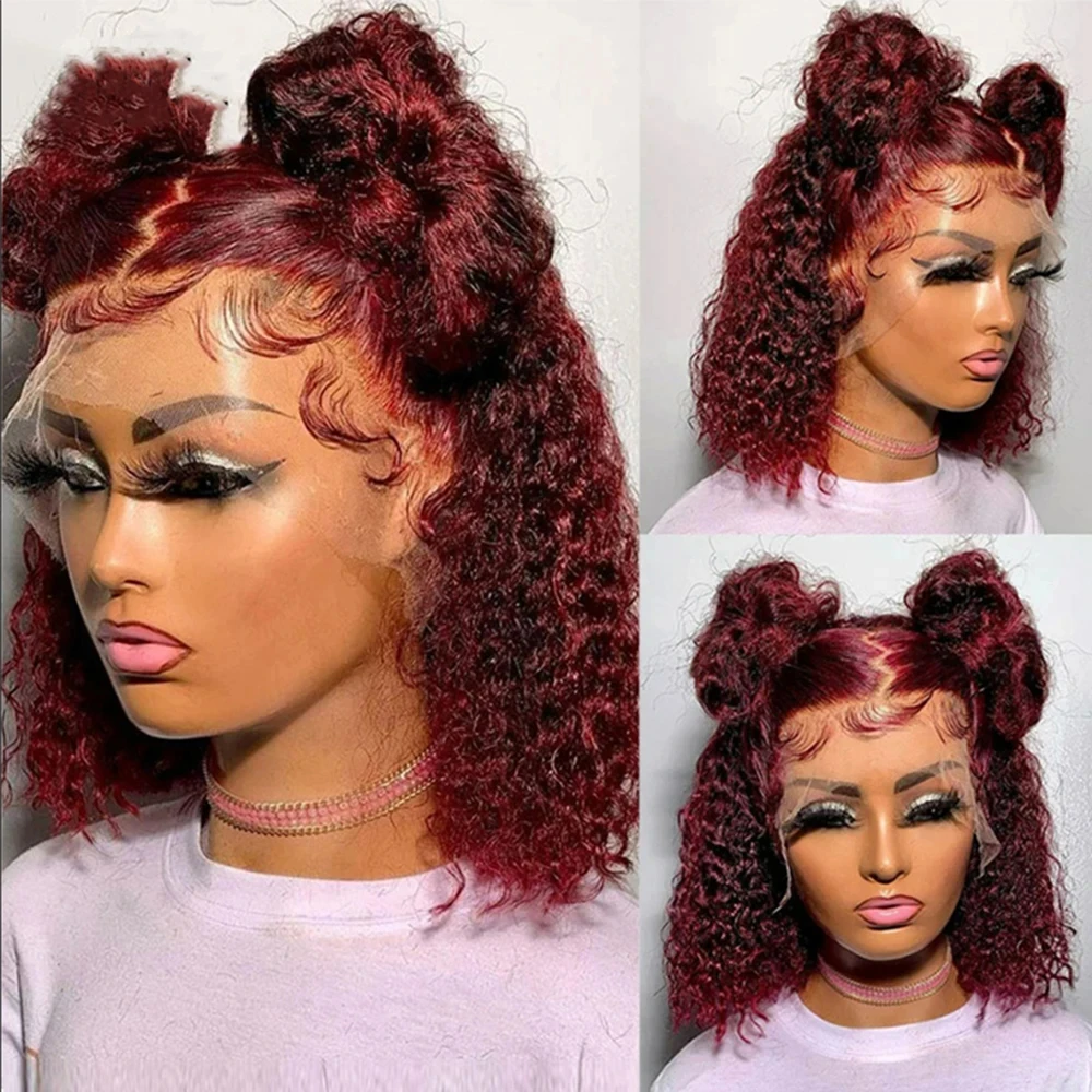 Brazilian Deep Wave Frontal Wig Transparent 13x4 Lace Human Hair Wigs 99J Burgundy for Women Curly Short Bob Pre Plucked 180%