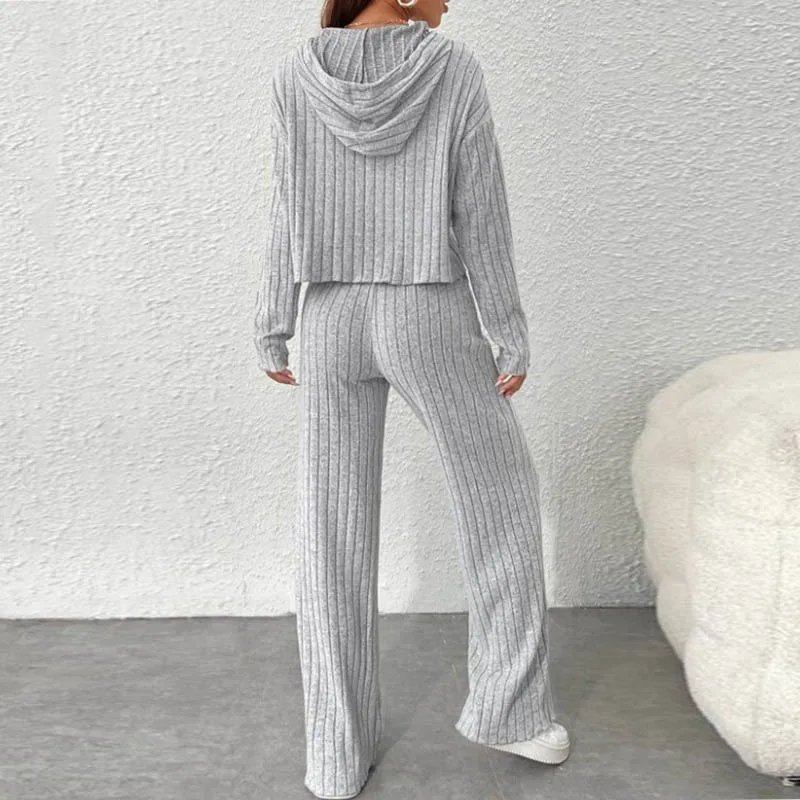 Women’s Ribbed Lounge Wear Sets Elegant casual Hooded Long Sleeve 2 Pieces set Lady fashion solid color Knitting Set outfit suit