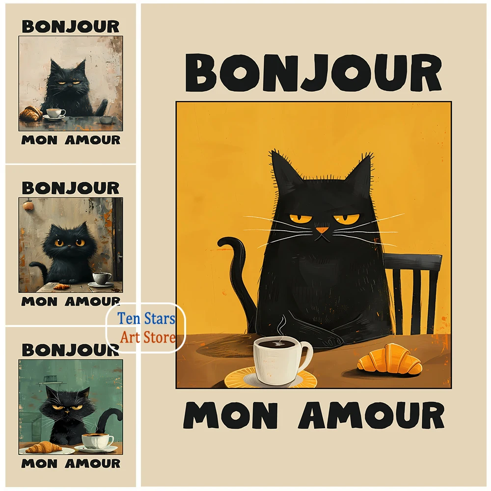 Le Chat Noir verde Bonjour Mon Amour obra de arte divertido gato negro desayuno cartel lienzo pintura cuadros de pared decoración de la cocina del hogar