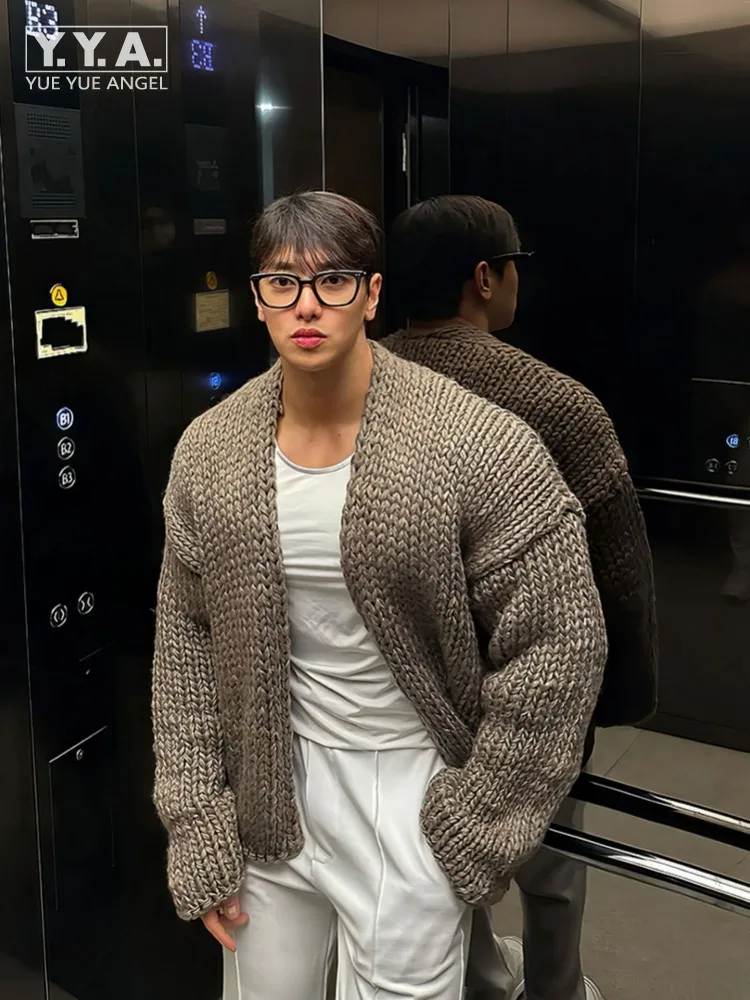 Winter Fashion Men V Neck Wool Knit Cardigan Long Sleeves Jacket Short Style Thicken Solid Color Weave Male Casual Sweater Coat