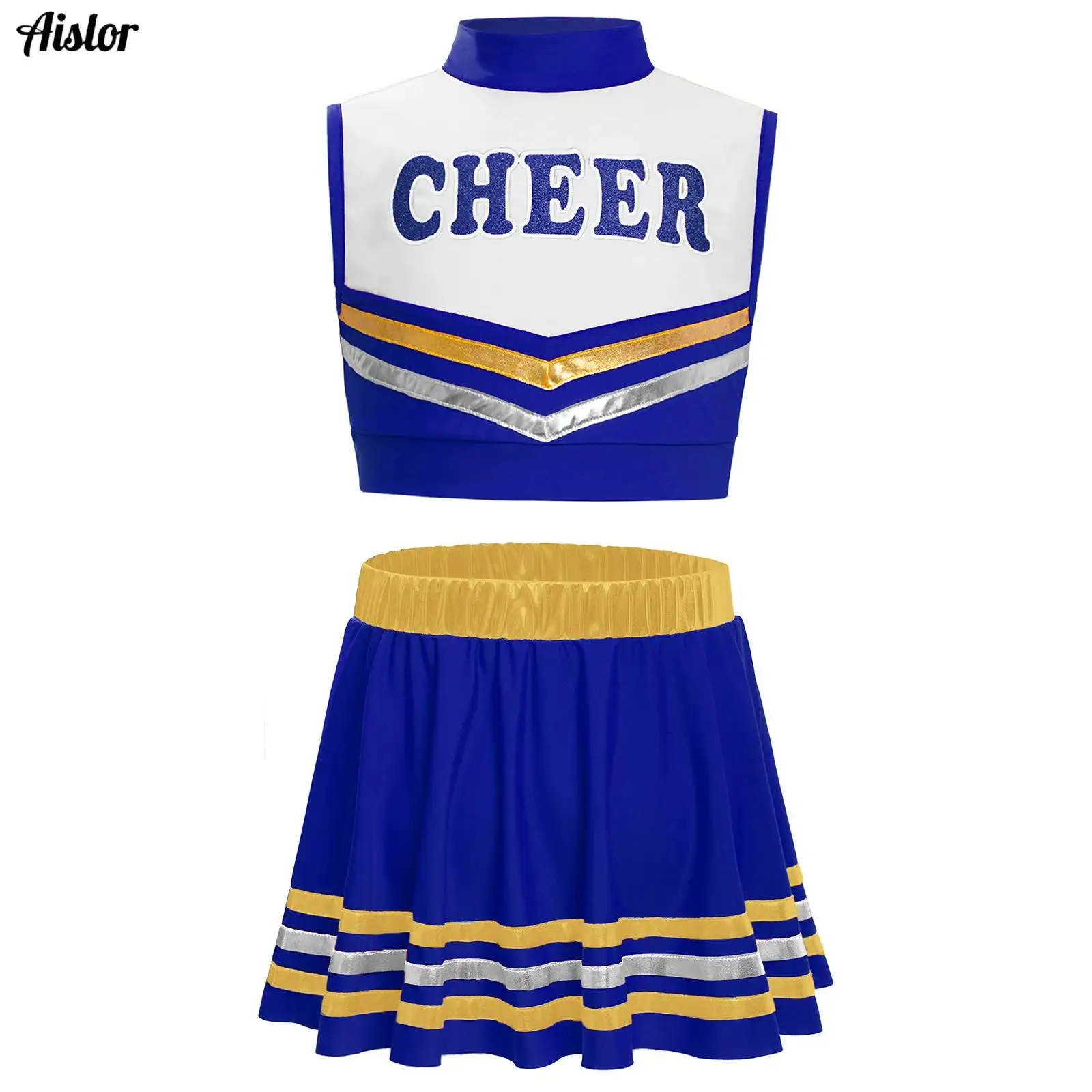 Cheerleading-Tanzkostüm für Kinder, Mädchen, 2-teilig, mit Buchstaben bedruckt, Farbblock, Schlüsselloch-Rücken, Tank-Crop-Top + Rock mit metallischem gestreiftem Saum