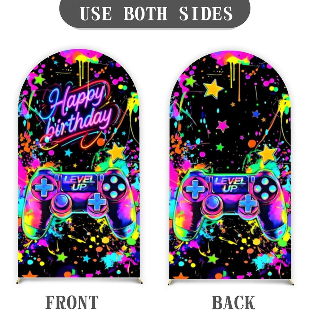 Custom 2-sided Video Game Photo Background Level Up Themed Happy Birthday Party Backdrop for Girl Boy Chiara Arch Cover Props