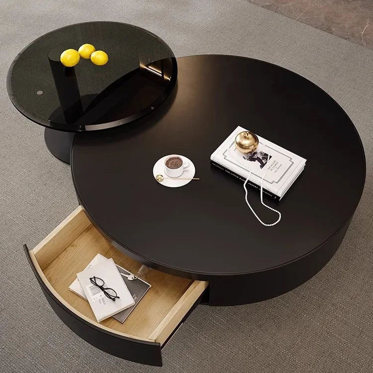 Light luxury pure black rock plate stainless steel round coffee table TV cabinet combination
