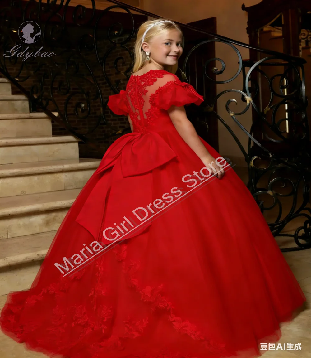 Customized Princess Girl Dresses for Wedding Lace Embroidered Bow Trailing Girls Birthday Party First Communion Gowns