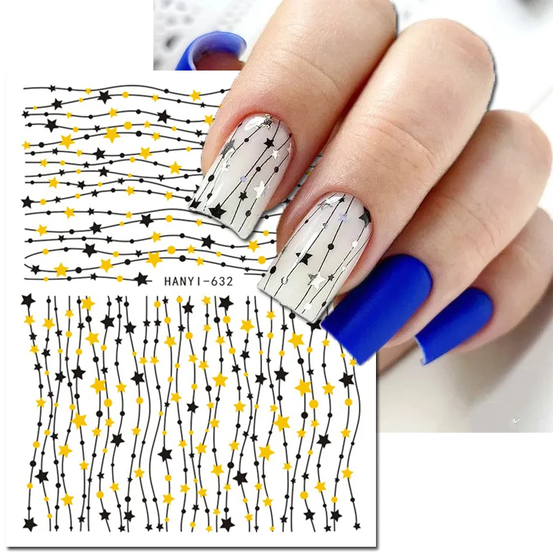 3d Nail Art Stickers Black White Waves Lines Gold Stars Dots Adhesive Sliders Nails Decals Decorations For Manicures