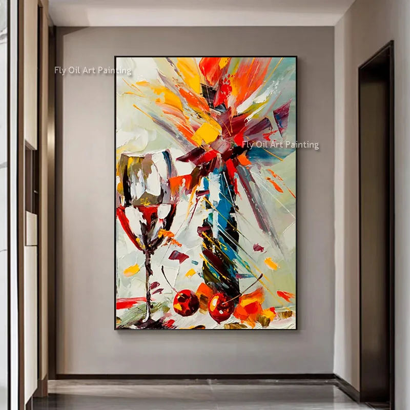 Abstract Red Gray Wine Glass And Flowers Vase Canvas Oil Painting Hand Painted New Design Wall Art Red Cherry Artwork Decor
