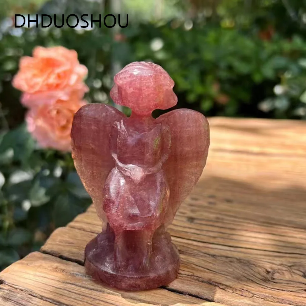 

Customized Real Rare Stone Natural Strawberry Quartz Angel Carved Crystal Reiki Healing Home Decoration Art Sculpture Gift