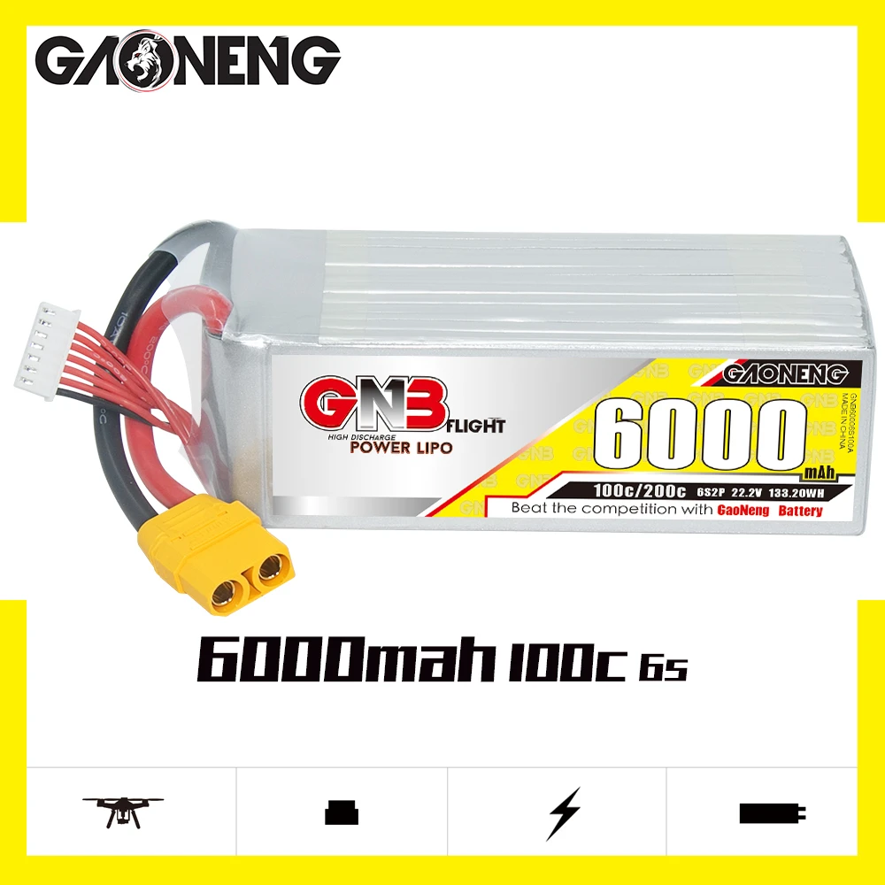 GNB GAONENG 6S 6000mah 22.2V 100C 200C XT90 LiPo Battery High Discharge Drone Helicopter RC Car Boat Truck Buggy Truggy Tank