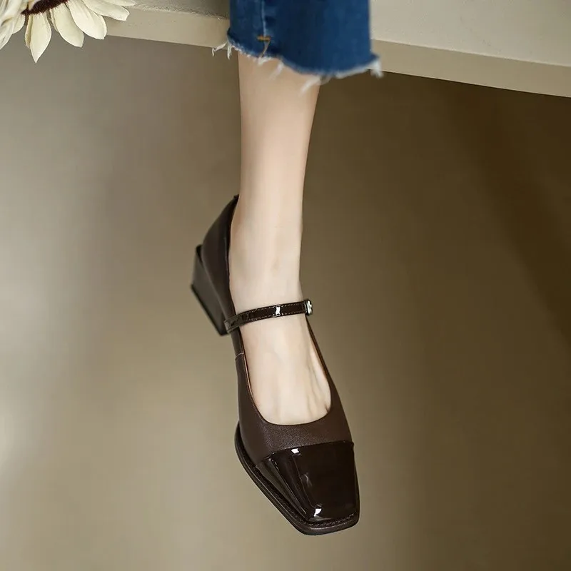 Color-blocking Square Buckle Versatile Temperament Thick Heel Strap Single Shoes