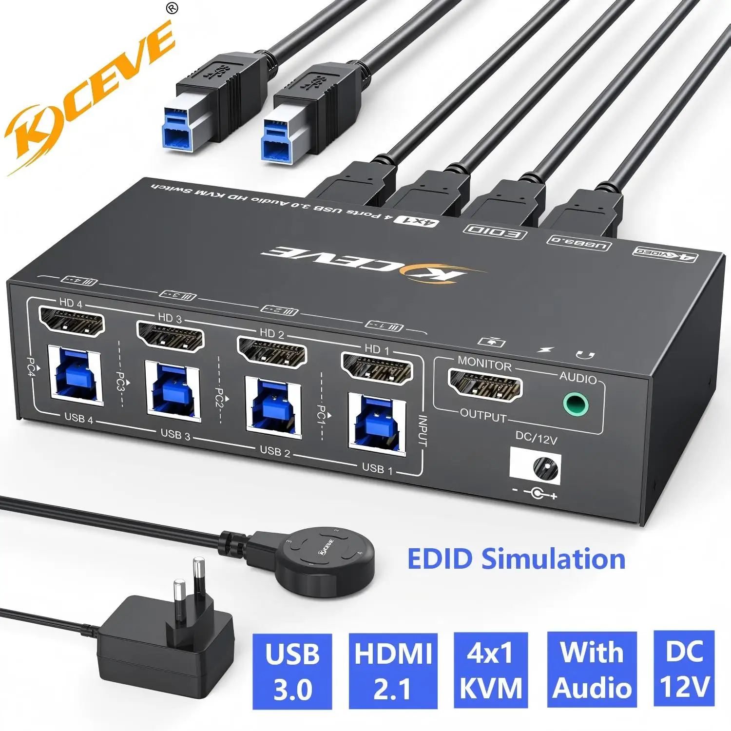 

USB 3.0 KVM Switch 4/10 Port 4K@144Hz,EDID Simulation,KCEVE HDMI Switch for 4/10 PC Share 1 Monitor 4 USB 3.0 Devices,With Audio