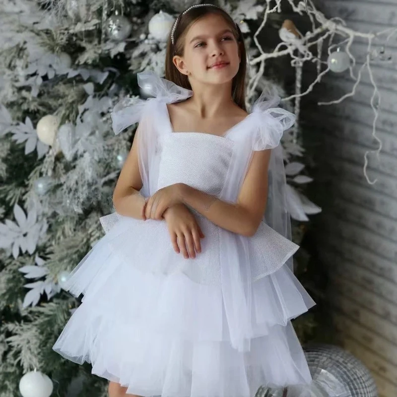 Kids White Square Neck  Children Flower Girl Performance Birthday Party Evening Gown Costume Sparkly Gown Tulle Lace Cake Dress