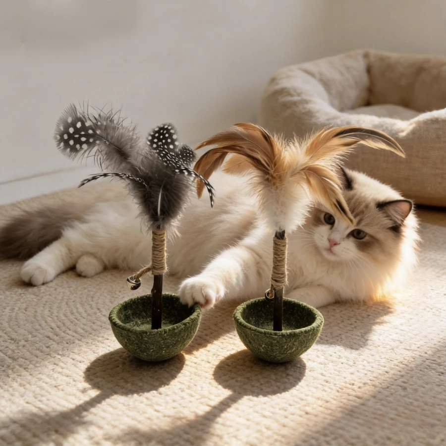 Catnip Tumbler Cat Toy Wooden Feather Teaser Stick with Bell Natural Matatabi Chew Toy Self Play Relief Boredom Interactive Kitt - view 2