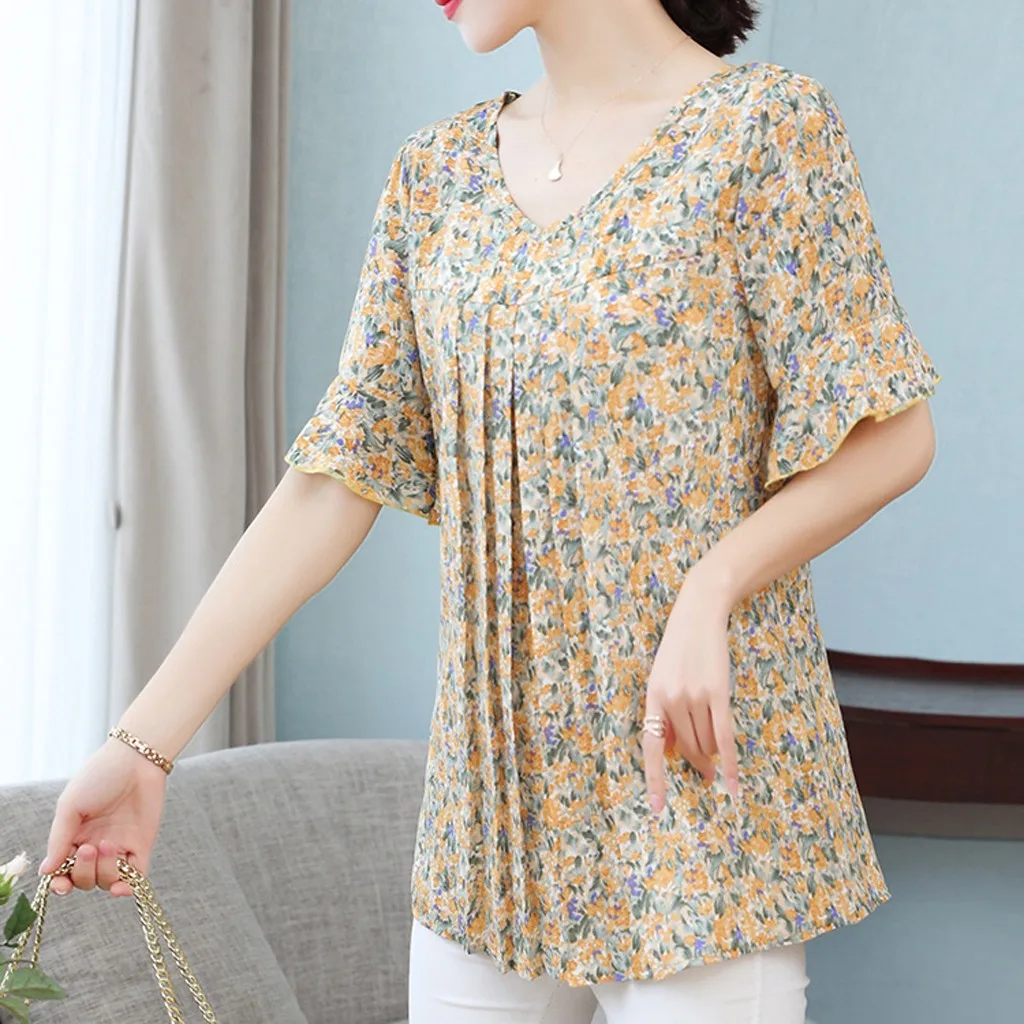 

Female Clothing Sweet Loose Printed Shirt Summer Short Sleeve Casual V-Neck Ruffles Spliced Commute Folds Button Chiffon Blouse