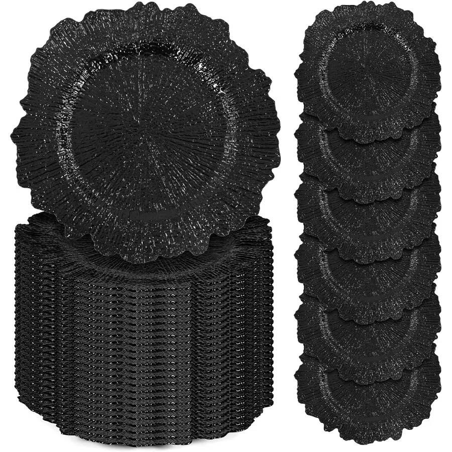 

24 Pcs Black Charger Plates Bulk 13" Reef Plate Chargers for Dinner Plastic Floral Decorative Plates for Table Setting Wedding