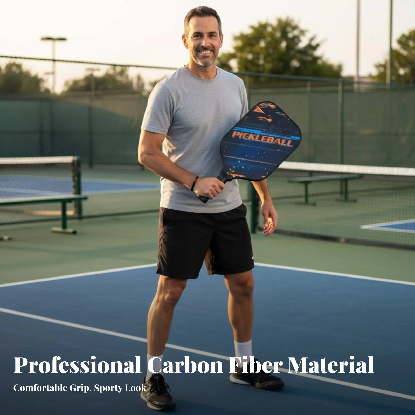 

Ракетка для пиклбола из углеродного волокна с шестиугольным центром и принтом