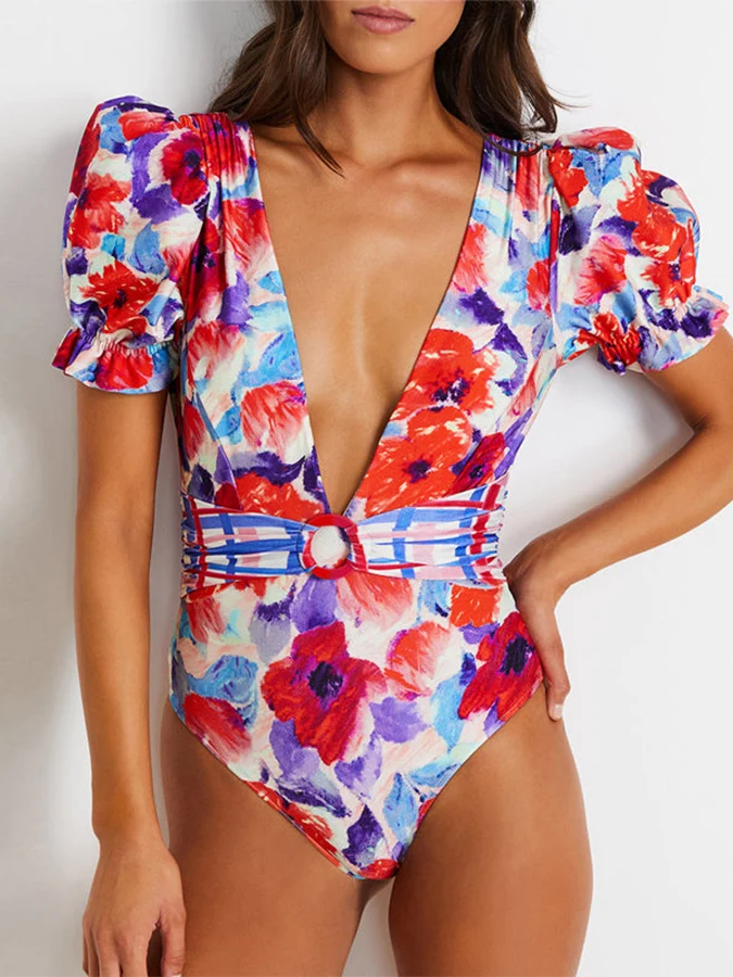 Fashion Printed V-Neck Short Bubble Sleeve Swimsuit Sexy Slim Hollow Bikini High Waist Strap Backless Swimsuit Fashion