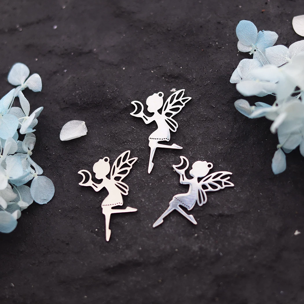3pcs Angel Elf Fairy With Moon Stainless Steel Pendant Butterfly Wings Charms For Jewelry Making DIY Craft Earrings Necklace