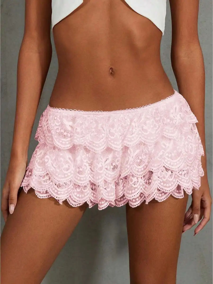 

Womens Pink Lace Mini Skirt Low Waist Ruffled For Summer Daily Travel Party