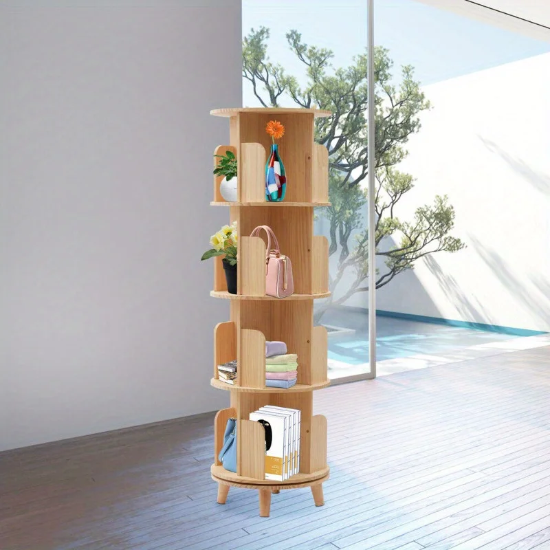 

4-Tier Rotating Swivel Bookshelf - Elegant Wood Cylindrical Display for Homes and Offices