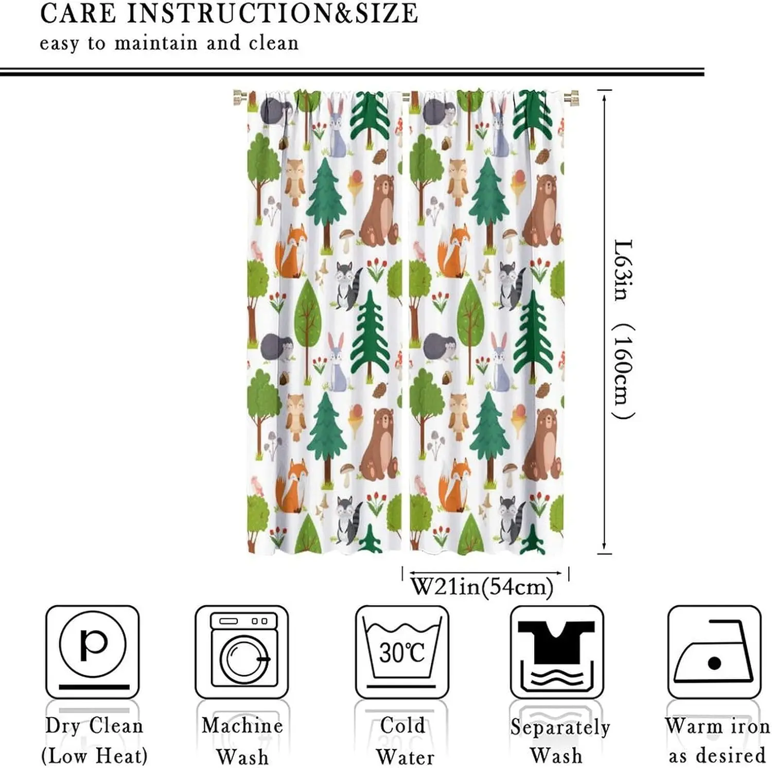 Forest Animal Curtains, Watercolor Wild Animal Bear Fox Deer Kids Window Treatments for Living Room Bedroom,Green Woodland Tree