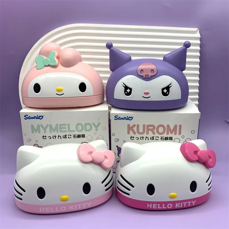 Kawaii Kuromi Hello Kitty Melody Soap Box Cute Sanrio Figure Bathroom Soap Holder Drainer With Cover Girl Heart Toy Kids Gifts