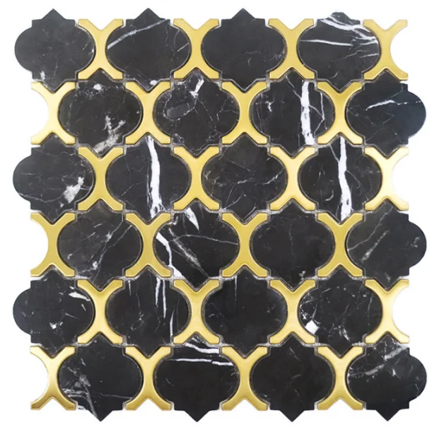 Irregular size gold metal mosaic tile mix black marble stone tile DIY wallpaper for bar decoration