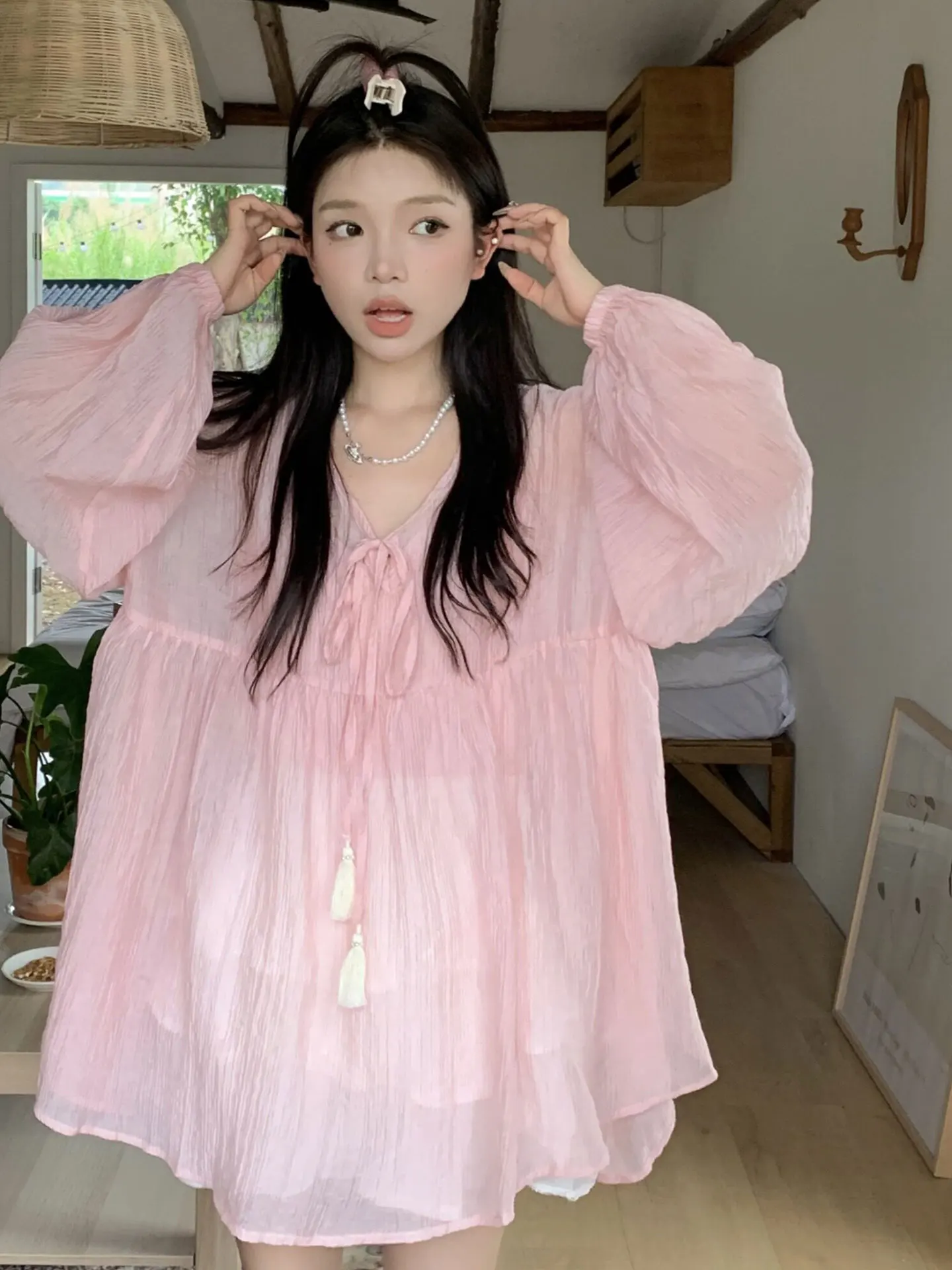 

plus Size Sweet Korean Style Bubble Sleeve Transparent Doll Top Women Summer Design Meat Covering Cute Top Skin-friendly Brea...