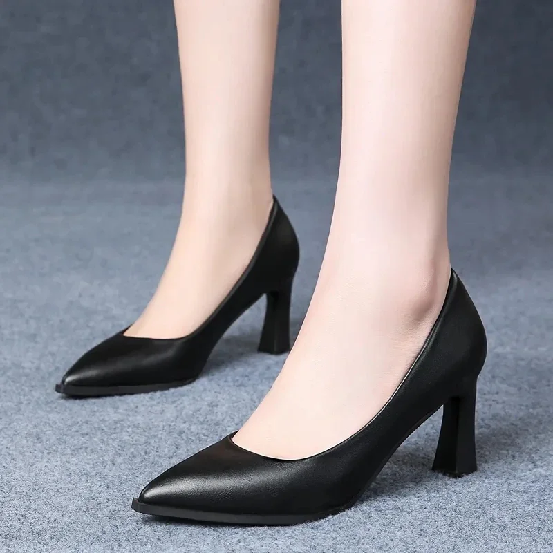 Soft PU Non-slip Single Shoe Work Shoes Women\'s Pumps Black Professional Interview High Heels Mid Heeled Work Leather Shoes