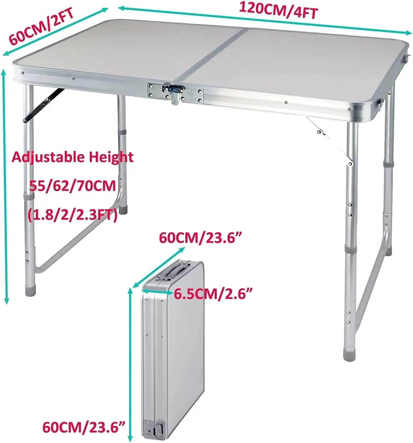 EFAN Mesa de caballete emergente de 4 pies, mesa plegable rectangular de aluminio para acampar, portátil, ajustable, para jardín, pícnic al aire