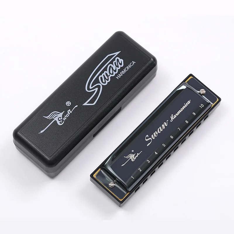 Swan 10 Hole C Harmonica Blues Harp Mouth Organ Phosphor Bronze Diatonic Beginner Harmonica with Case Kit for Kids