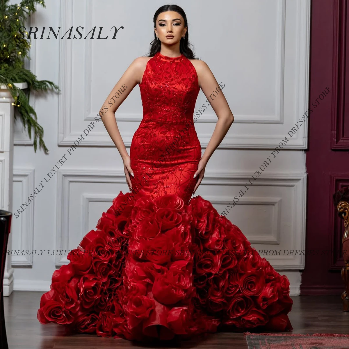 تخصيص طويل حورية البحر فساتين السهرة لفتاة سوداء الديكور الزهور زين الديكور أكمام ثوب مسائي رسمي رداء