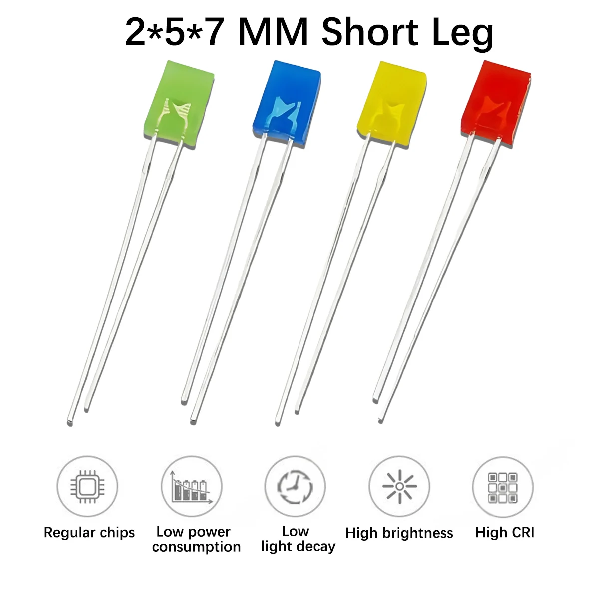 2x5x7mm Square Red Hair Red, Blue Hair Blue, Green Hair Green,  Purple Hair Purple, Yellow Hair Yellow Short Leg LED