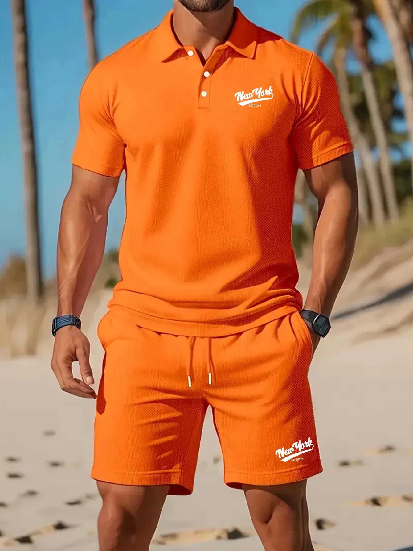 Summer men's fashionable beach short-sleeved polo shirt two-piece casual outdoor lettered slogan pattern sports shorts set