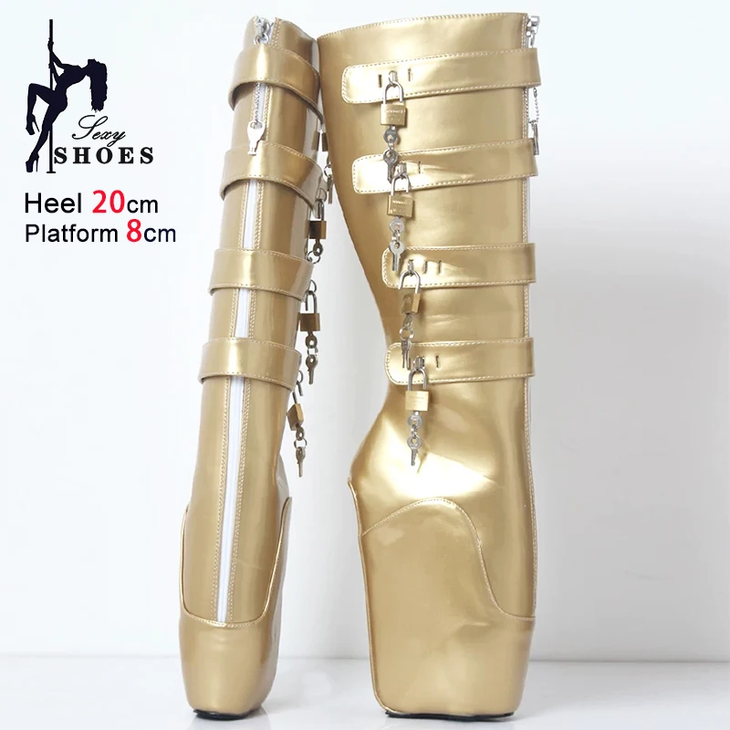 

Женские балетки на подошве с копытами, фетиш-золотые туфли на высоком каблуке 20 см, сапоги до колена с замком, большие размеры 44 45 46