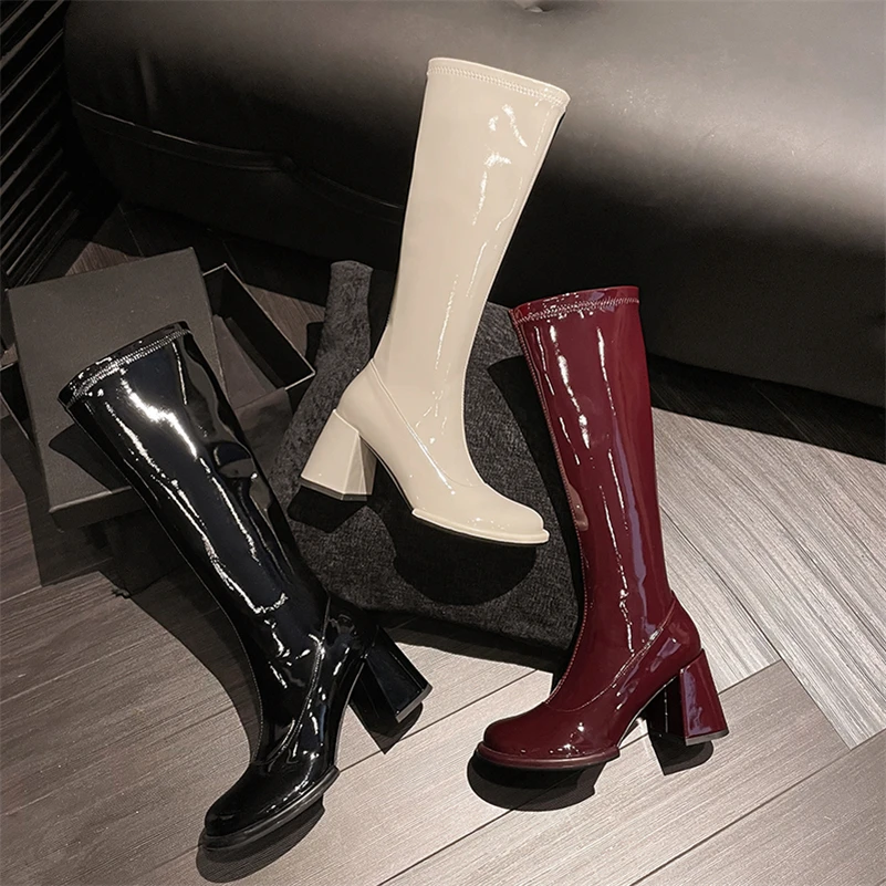 Meotina Women Genuine Leather Knee High Boots Round Toe Platform Chunky High Heels Zipper Long Boot Ladies Shoes Autumn Winter