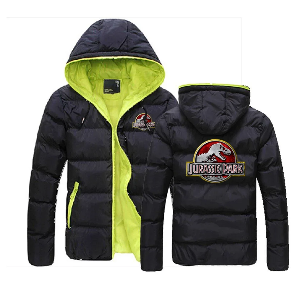 

Jurassic Park Men's Winter Color Collision Zipper Cotton-padded Coat Slim-fit Contrast Stitching Cotton-padded Jacket With Hoode