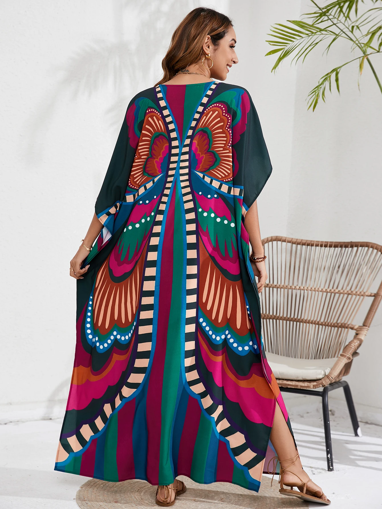 Women s Boho Cover Up  Plus Size Tie Dye Batwing Sleeve V Neck Maxi Kaftan Cover Up Dress