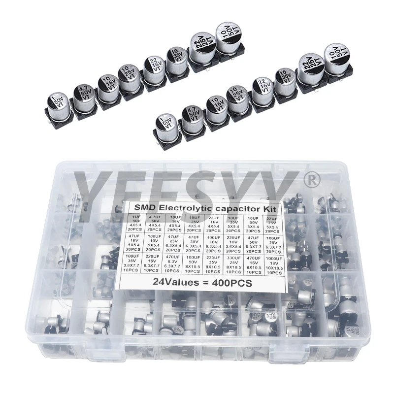 

Набор конденсаторов 400 шт., алюминиевые электролитические SMD-конденсаторы 1 мкФ~1000 мкФ, 6.3В-50В, 24 номинала, с коробкой, комплект для ремонта