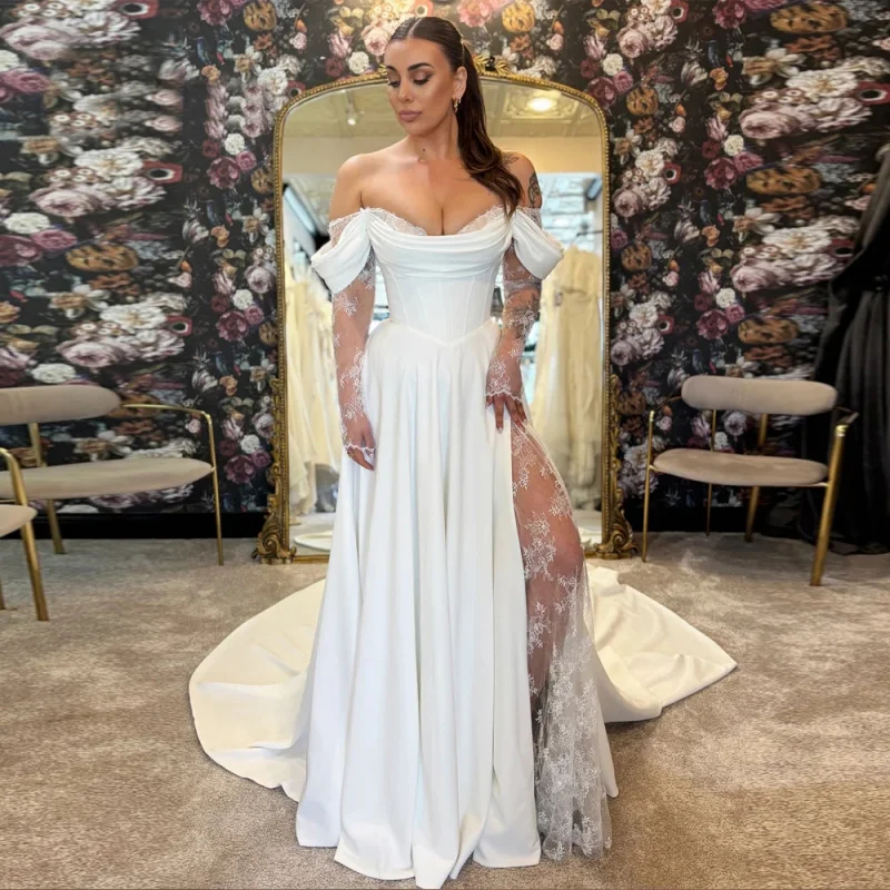 Fancy Chiffon Wedding Dress for Bride Aline Off the Shoulder Strapless Brush Train Appliques Vestidos Customised