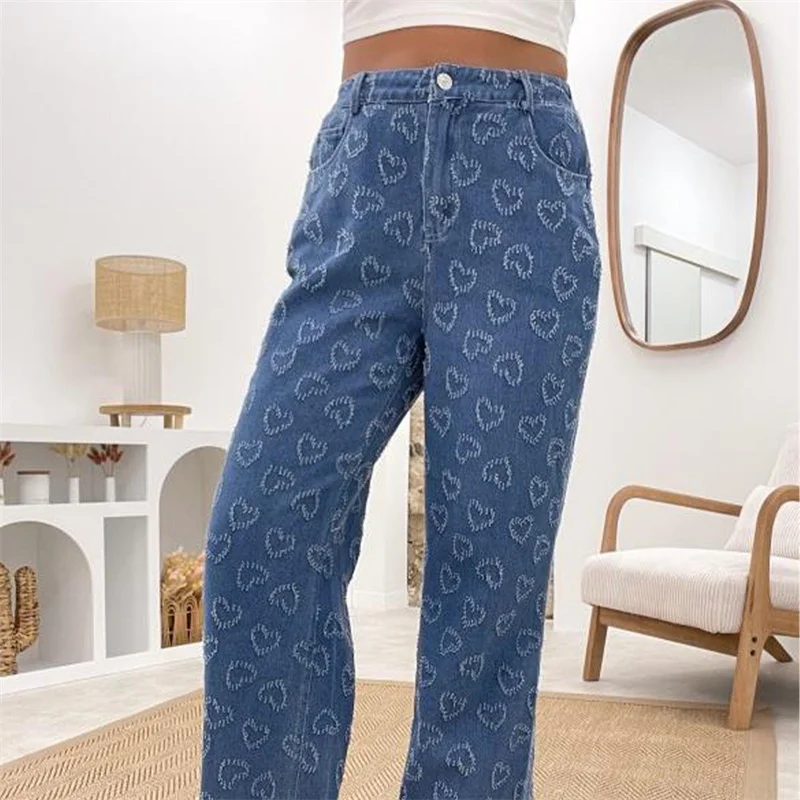 GuliriFei Women Heart High Waist Jeans Fashion Loose Casual Heart Pattern Straight Leg Denim Pants with Pockets Streetwear 2025