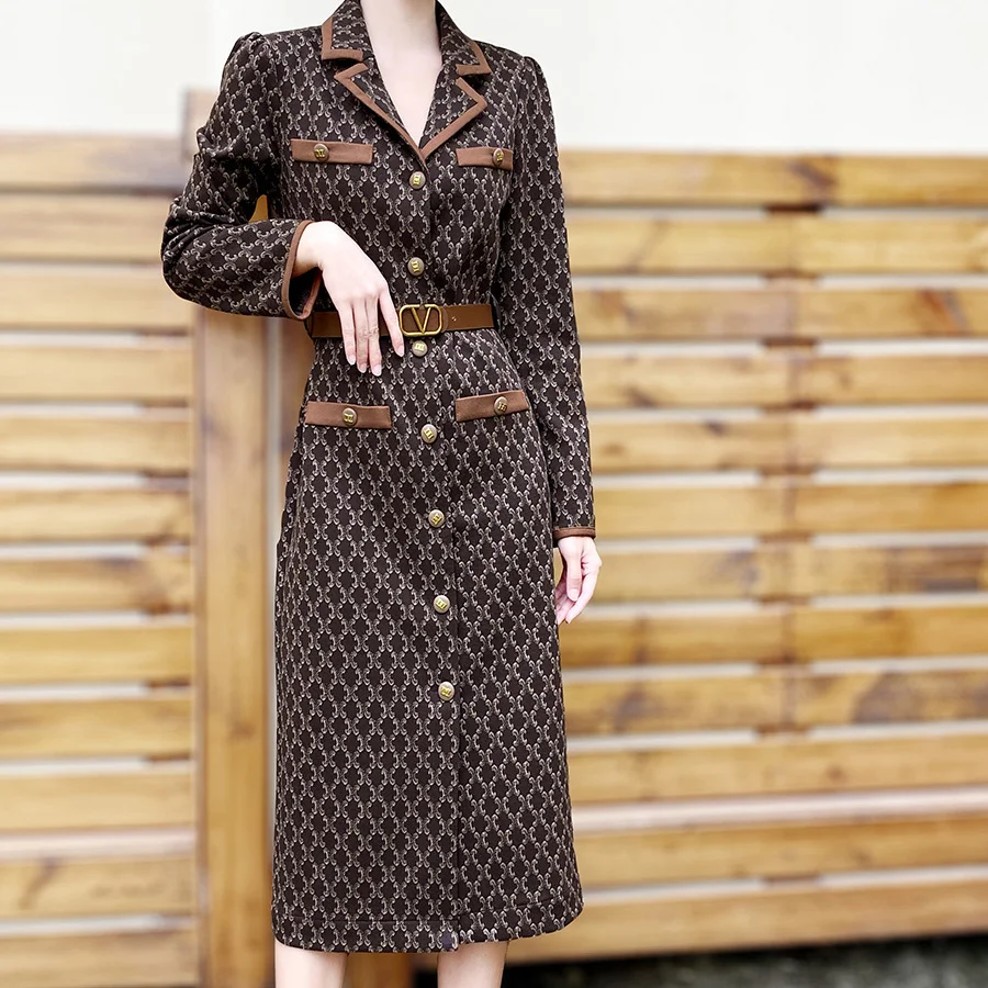 Autumn 2023 and Winter New Print Dress Feminine Retro Premium Lace-up Slim Contrast Panel Suit Collar