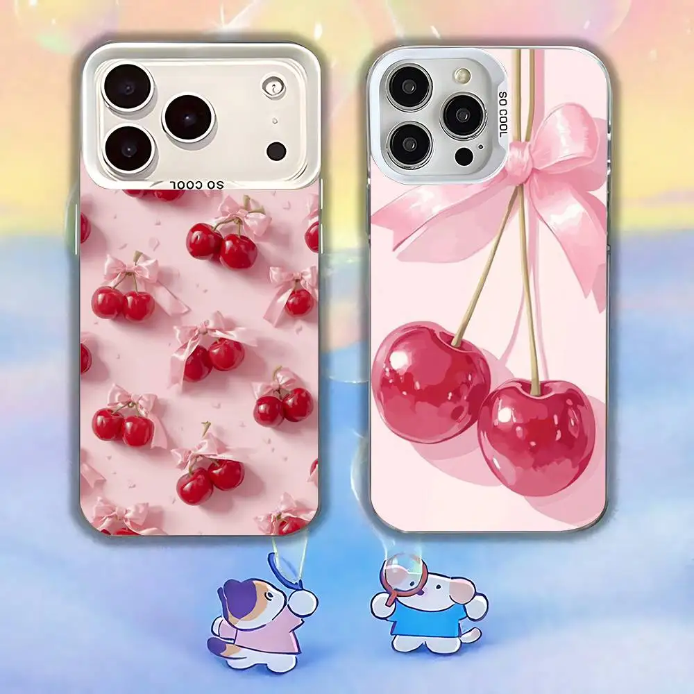 Ins Korean Lovely Bow Cherry Phone Case For iPhone 17,16,15,14,13,12,11,Mini,Pro,E,MAX White Candy Matte Shockproof Cover
