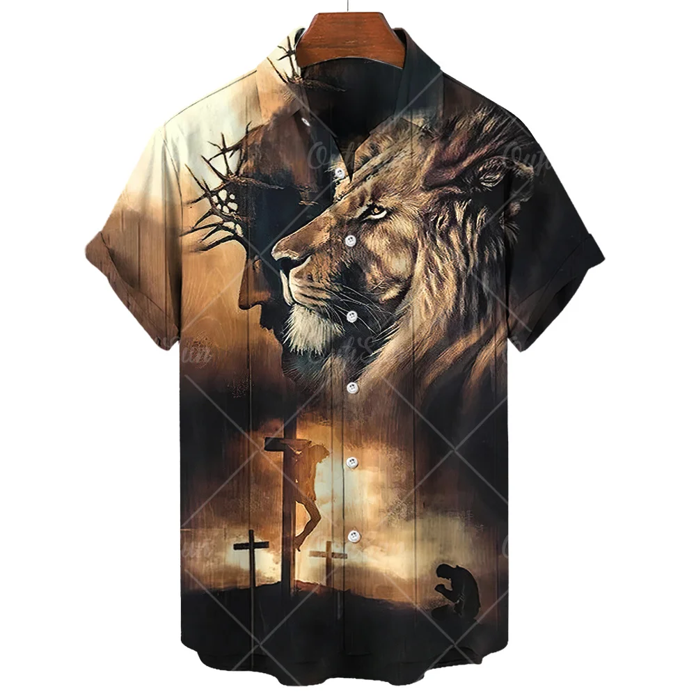 

Men's Shirt Animal Lion Graphic Prints Turndown Outdoor Street Short Sleeves Print Oversized Clothed Apparel Fashion Casual Soft